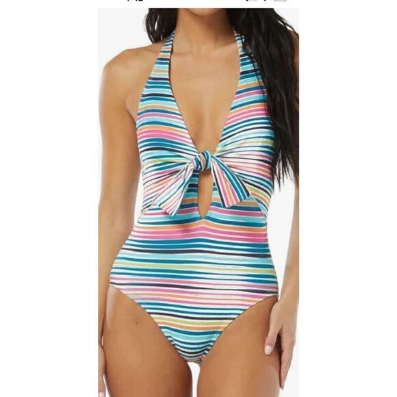 Vince Camuto Sz 8 Standard Tie Front Halter One Piece Multicolor Striped - Picture 1 of 12